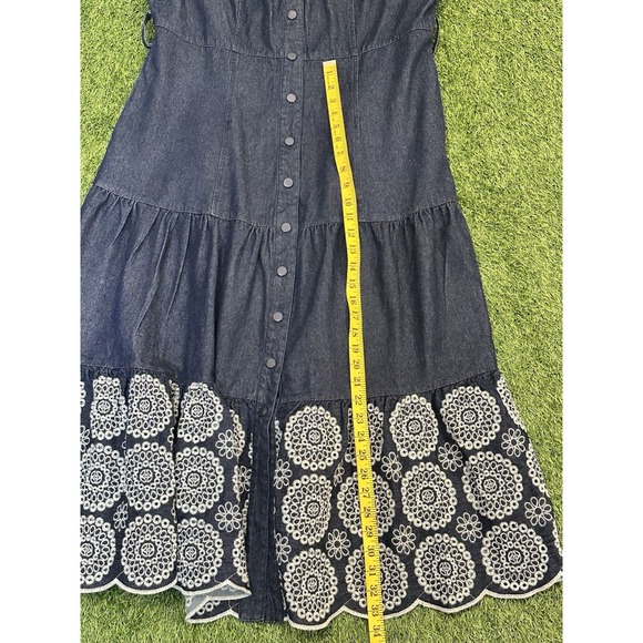 Solitaire Maxi Dress Large Blue Denim White Eyelet Trim‎ Belted Feminine - Picture 9 of 14